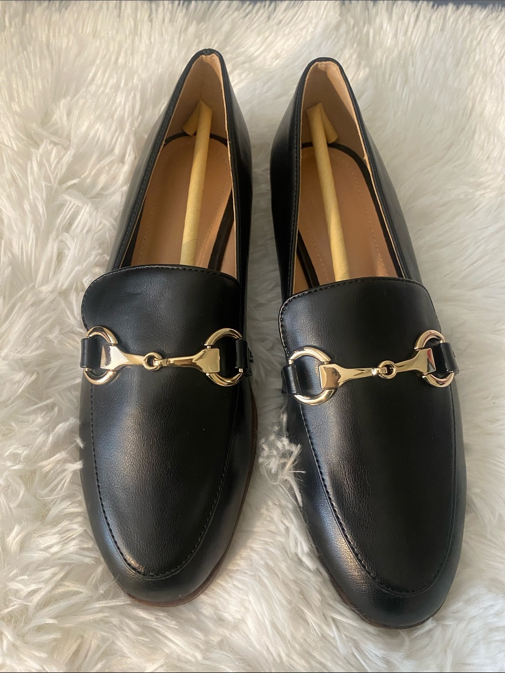 JustFab Black Loafers with Gold Horsebit Accent